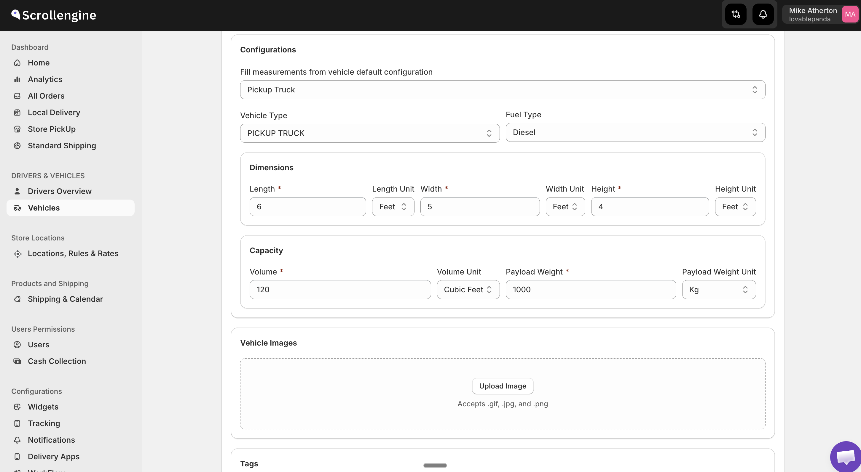 Create vehicle form — configurations