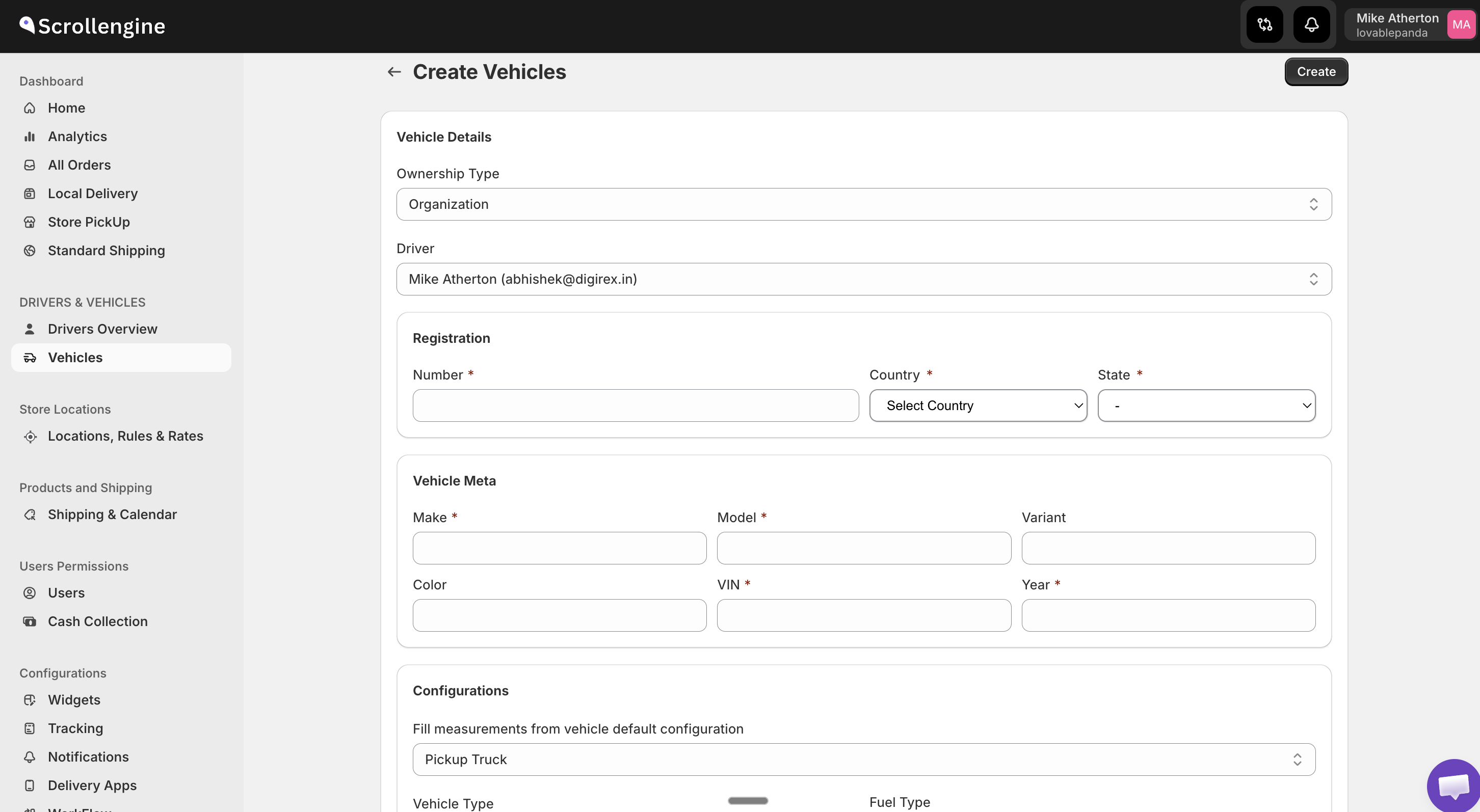 Create vehicle form — vehicle details
